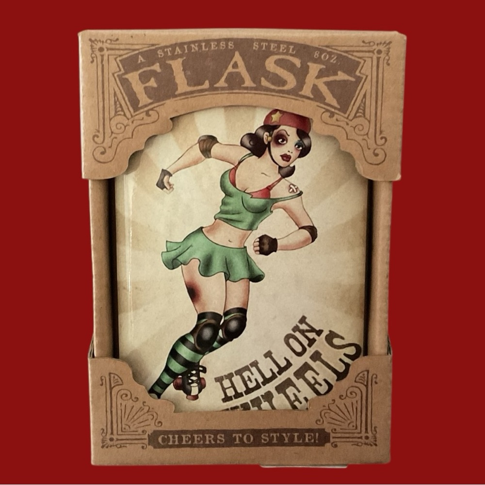 NIB Stainless Steel Hip Flask – Green Roller Derby Retro Style Pinup